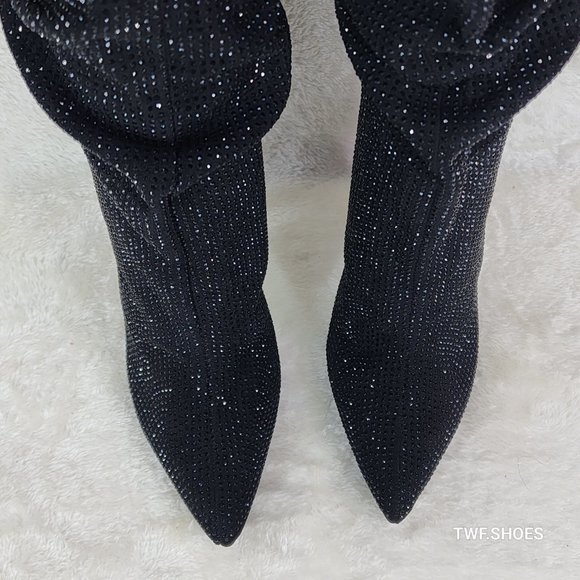 Resolve Sparkling Black Rhinestone High Heel Slouch Calf Boots New Years Bling - Picture 14 of 14